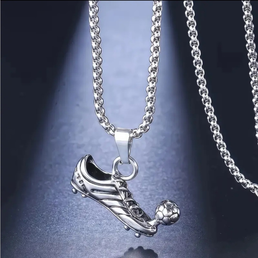 Silver Tone Futball Soccer FIFA Shoe Pendant Necklace